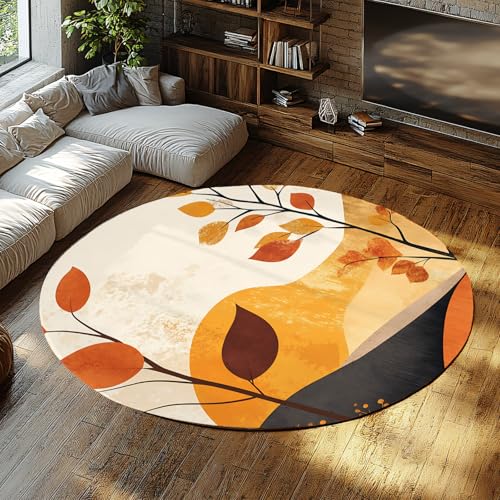 BYLEEHOMED Warme Herbstlandschaft Runde Teppiche 210 cm rustikale Herbstblätter Vintage Rutschfester Bauernhaus Throw Circle Teppich für Hartholz Bodendekoration von BYLEEHOMED