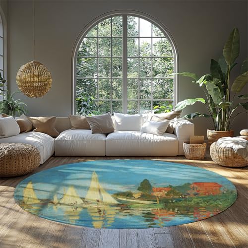 BYLEEHOMED Waschbarer großer runder Teppich für Wohnzimmer Impressionismus Stil Regatta Print Rutschfester weicher Kreisteppich für Schlafzimmer Nachttisch 150 cm BYLEEHOMED Waschbarer großer runder Teppich für Wohnzimmer Impressionismus Stil Regatta Print Rutschfester weicher Kreisteppich für Schlafzimmer Nachttisch 150 cm von BYLEEHOMED