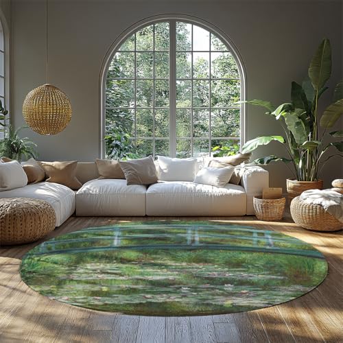BYLEEHOMED Waschbarer runder Teppich 120 cm Natur Brücke Design weicher niedriger Flor Rutschfester runder Teppich Impressionistische Landschaft Wohnzimmer Dekor von BYLEEHOMED