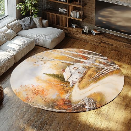 BYLEEHOMED Weicher niedrigfloriger Kreisteppich mit Herbstdesign Gemütliche Kabine im Herbst Bodenmatte 120 cm Ultradünner Fall Landscape Rutschfester runder Teppich für Sofa von BYLEEHOMED