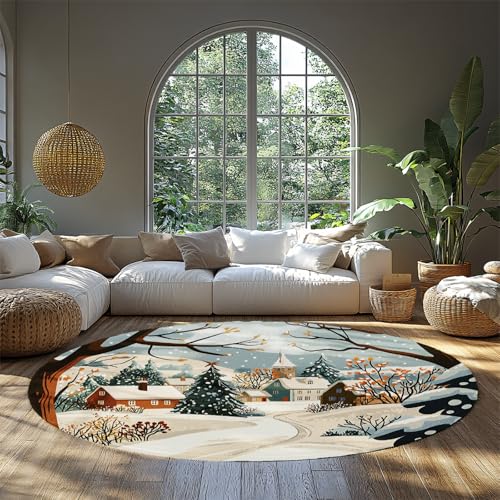 BYLEEHOMED Weihnachten Kreis Teppich 120 cm Winter verschneit nordisch Kleinstadt Druck Runder Teppich für Wohnzimmer Schlafzimmer Dekor rutschfeste waschbare Teppiche BYLEEHOMED Weihnachten Kreis Teppich 120 cm Winter verschneit nordisch Kleinstadt Druck Runder Teppich für Wohnzimmer Schlafzimmer Dekor rutschfeste waschbare Teppiche von BYLEEHOMED