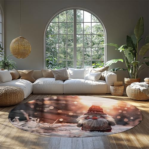 BYLEEHOMED Weihnachten Wohnzimmer Runde Teppiche 210 cm Winter Schnee Szene Niedlicher Weihnachtsmann Rutschfester waschbarer Kreisteppich für Nachttisch Esstisch von BYLEEHOMED