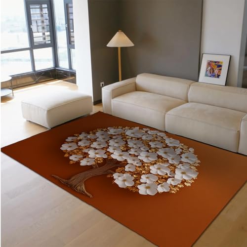 BYLEEHOMED Weiße Blumen Bereich Teppich 80x150cm Super Soft Brick Rot Großes Wohnzimmer Schlafzimmer Nachttisch Teppich Pfirsich Baum Print rutschfeste waschbare Teppiche von BYLEEHOMED