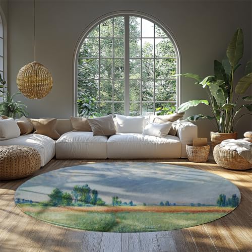 BYLEEHOMED Weizenfeld Muster Rutschfester runder Teppich 180 cm Vintage Landschaft Weiche niedrige Flor Runde Bodenmatte für Wohnzimmer Schlafzimmer von BYLEEHOMED