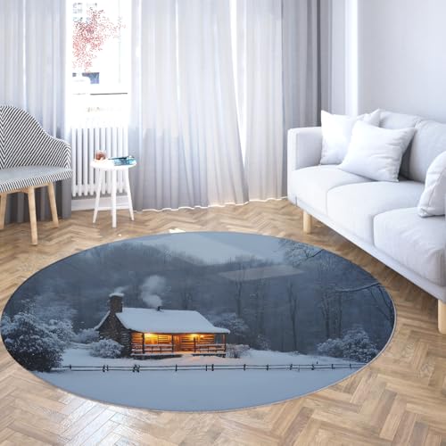 BYLEEHOMED Winter Forest Große Kreis Teppiche für Wohnzimmer Rutschfester waschbarer runder Wohnzimmerteppich mit warmem niedrigflorigem Büroboden-Dekor 210 cm von BYLEEHOMED