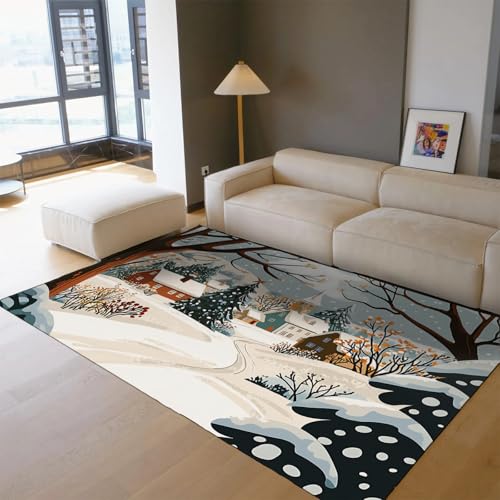 BYLEEHOMED Winter verschneiter Teppich 60x120cm Cartoon Stil Nordic Kleinstadt Druck Teppich Matte für Wohnzimmer Schlafzimmer Dekor rutschfeste waschbare Teppiche von BYLEEHOMED