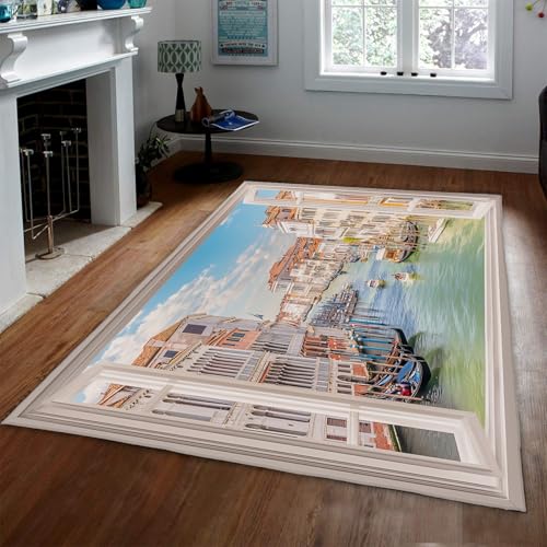 BYLEEHOMED rutschfeste Wohnzimmerteppiche 160x200cm 3D-Fensteransicht Moderne Europäische Wohnkultur Bodenmatte Maschinenwaschbarer Teppich Unter dem Sofatisch von BYLEEHOMED