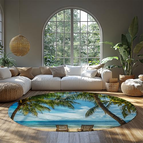 Beach Circle Teppich 150 cm Dekorative Küste Willkommen Teppich Matte Sommer Resort Stil Runde Teppiche rutschfest waschbar Schlafzimmer Küche Dekor von BYLEEHOMED