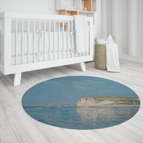 Blauer Wohnzimmer Runder Teppich 150 cm Cliff Seascape Design weicher niedriger Flor Kreis Teppich für Leseecke Ankleidebereich Dekor von BYLEEHOMED