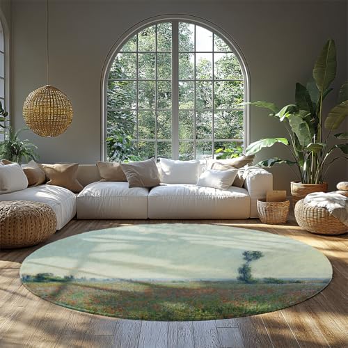 Blumenfeld Design Kreis Teppich 90 cm Impressionistischer Stil Waschbarer weicher runder Bauernhausteppich für Wohnzimmer Wohnung Dekor von BYLEEHOMED