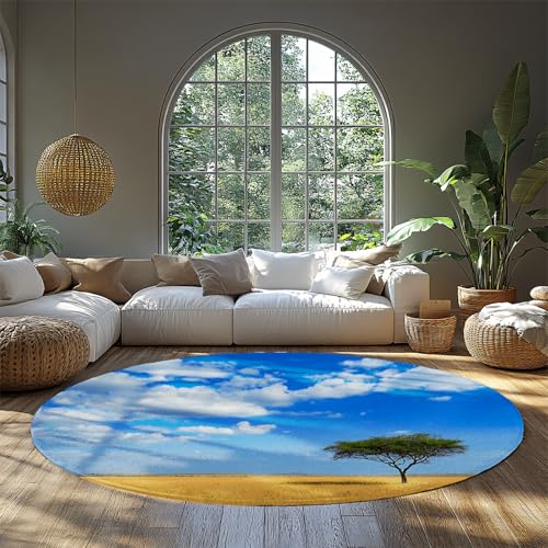 Feld unter Himmel Runde Teppiche Sommer Land Wohnzimmer Bodenmatte Einsamer Baum im Weizenfeld Druck Rutschfester waschbarer Kreis Teppich 210 cm von BYLEEHOMED