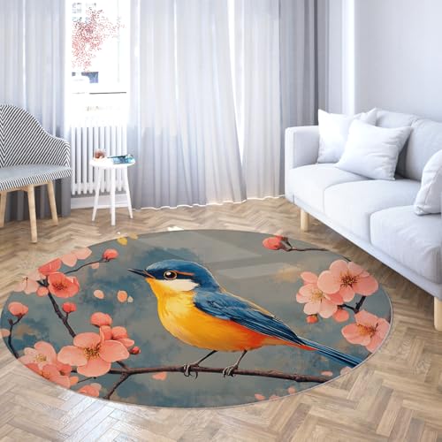 Frühling Indoor Runder Teppich 120 cm Rosa Pfirsichblütenzweige und Blauer Vogel niedrigflorige waschbare Kreisteppiche für den Eingangsbereich Schlafzimmer Dekor von BYLEEHOMED