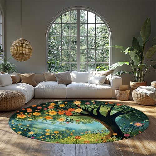 Frühling Wildblumen Runde Fläche Teppich 150 cm Heller floraler Cartoon Kreis Teppich für Schlafzimmer blühende helle Blumen Indoor rutschfeste Teppiche von BYLEEHOMED
