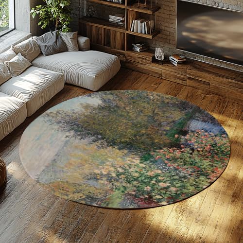 Garden at Montgeron by Monet Round Area Rugs 60 cm Weicher niederfloriger impressionistischer Gartenteppich Moderner ultradünner Rutschfester Kreisteppich von BYLEEHOMED