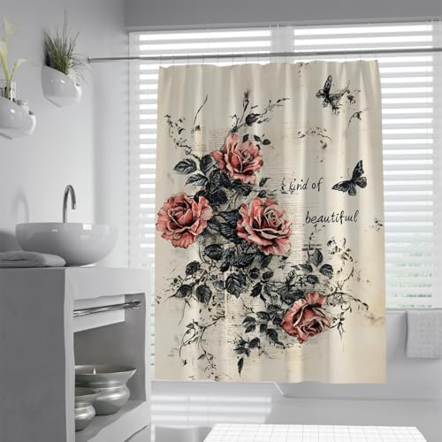 Handbemalter Stil Rote Rosen Duschvorhang Rustikal Botanisch Blumen Wasserdicht Stoff Design Dusche Badezimmer Accessoires 90x180cm von BYLEEHOMED
