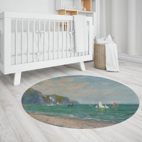 Klippe und Segelboot Malerei Druck Kreis Teppich 90 cm Rutschfester niedriger Flor Eingangsbereich Faltbarer runder Teppich für Home Office College Dorm von BYLEEHOMED