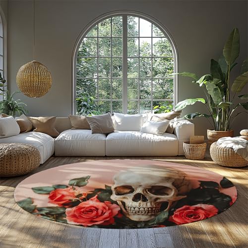 Moderner runder Teppich Floral Skull Eingangsbereich Niedriger Flor Weicher maschinenwaschbarer Bodenteppich für Schlafzimmer Flur Küche Home Office 120x120cm von BYLEEHOMED