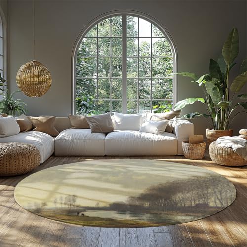 Monet Style Runder Teppich Vintage Stream Design Low Flor Ultradünner Kreis Teppich Rutschfester Wohnzimmerteppich für Ankleidebereich 210 cm von BYLEEHOMED