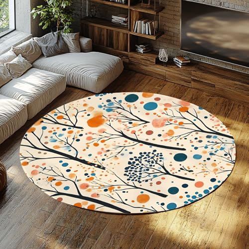 Warme Herbstbäume Druck Runde Teppiche 210 cm Aquarell Polka Dots Pflanzen Wohnzimmer Rutschfester waschbarer Kreis Teppich für Home Office Dekor von BYLEEHOMED