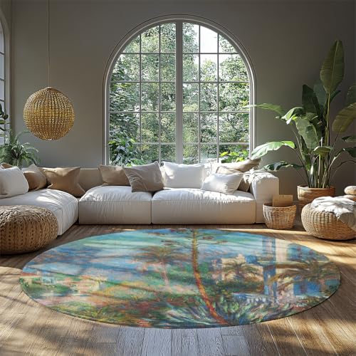 Waschbarer runder Teppich 90 cm Monet Style Villen Kunstwerk Druck Weicher, Rutschfester niedriger Flor Runder Teppich unter dem Couchtisch Waschbarer runder Teppich 90 cm Monet Style Villen Kunstwerk Druck Weicher, Rutschfester niedriger Flor Runder Teppich unter dem Couchtisch von BYLEEHOMED
