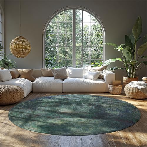 Waschbarer weicher Teppich mit runder Fläche 150 cm Vom Wald inspirierter rutschfester niederfloriger Kreisteppich Tragbarer faltbarer faltbarer Teppich für Wohnzimmer, Schlafzimmer, Wohnkultur von BYLEEHOMED