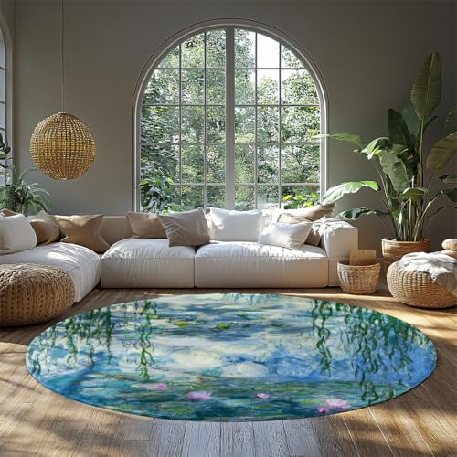 Weicher waschbarer runder Teppich 210 cm Monet Stil Seerosen Landschaft Runder Teppich Rutschfester niedriger Flor Wohnzimmer Schlafzimmer Dekor Fußmatte Weicher waschbarer runder Teppich 210 cm Monet Stil Seerosen Landschaft Runder Teppich Rutschfester niedriger Flor Wohnzimmer Schlafzimmer Dekor Fußmatte von BYLEEHOMED