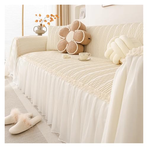 BYLYUIVN Sofa überzug Samt Couch Abdeckungen for Sofas Chic Spitze Rüschen Sofa Handtuch Stuhl Slipcover for Haustiere Kinder(Beige,3 Seater-180x300cm) von BYLYUIVN
