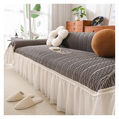 BYLYUIVN Sofa überzug Samt Couch Abdeckungen for Sofas Chic Spitze Rüschen Sofa Handtuch Stuhl Slipcover for Haustiere Kinder(Grey,3 Seater-180x300cm) von BYLYUIVN
