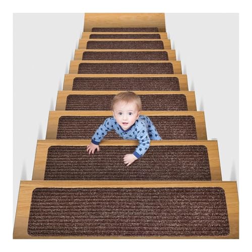 BYLYUIVN Treppenstufen Teppich 10 Stück Treppenfußmatten, klebstofffreier Treppenteppichschutz, selbstklebend, rutschfest, Verschiedene Muster, Wasseraufnahme(Coffee White) von BYLYUIVN