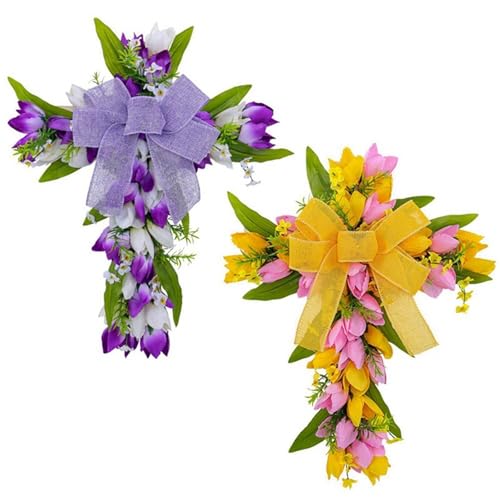 BYLYUIVN Türkranz Frühling Ostern Haustür Kranz Dekoration Handgemachte Blumenkranz Kirche Kranz Ostern Kreuz Kranz for Haustür(Color 2) von BYLYUIVN