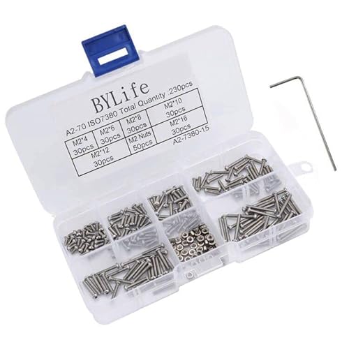 M2 Schrauben und Muttern Set, 230 stücke Inbusschrauben Sechskantschrauben Edelstahl M2 Schrauben Set Gewindeschrauben Muttern und Bolzen Sortiment Kit mit Aufbewahrungsbox Schraubenschlüssel von BYLife