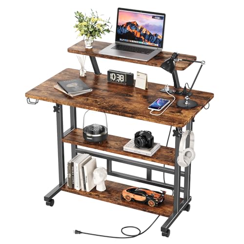 BYMECOST Höhenverstellbarer Stehpult mit Steckdosen, rollbarer Stehpult mit Monitorständer und Aufbewahrungsregalen, 80 cm kleiner mobiler Computertisch, tragbarer Laptoptisch (Retrobraun) von BYMECOST