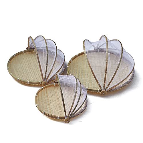 3er Set Bambuszelt Korb mit Fliegenschutz, Obstschale Zeltkorb Abdeckhaube Fliegenhaube Lebensmittel Abdeckung Zelt Brotkorb mit Maschenabdeckung Picknickkorb Kuchenabdeckung für Gemüse Obst Brot von BYNYXI