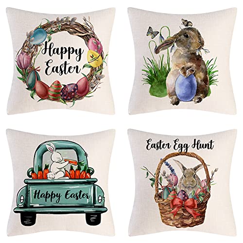 4 Stück Ostern Kissenbezug 45cmx45cm Osterhase Blumen Kissenhülle Moderne Osterdeko Hase Kissenbezüge Baumwolle Leinen Ostereiern Leinen Dekokissen Kissenbezüge für Wohnzimmer Schlafzimmer Büro von BYNYXI