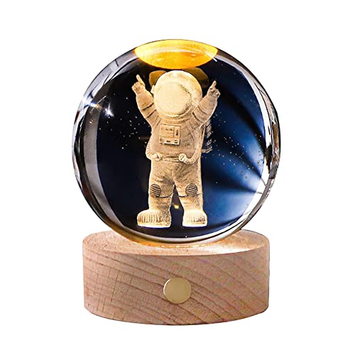 Astronaut Kristallkugel Nachtlicht, USB Touch Nachtlampe 3D Ball Lampe mit Holzsockel Weißes Licht Raum Mond Erde Astronaut 8cm Sonnensystem Galaxy Kristallkugel Nachttischlampe Geschenke für Kinder von BYNYXI