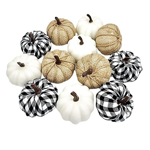 BYNYXI 12 Stück Halloween Kürbis Deko, Künstliche Kürbisse Deko Mini Kürbisse Sackleinen Herbst Weiß und Gold Kürbisse Ernte Farmhouse Halloween Party Thanksgiving Herbstdekorationen -8.5cmx7.5cm von BYNYXI