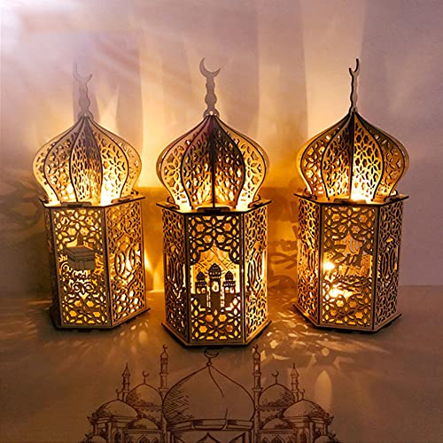 BYNYXI 3 Stück LED Ramadan Holz Nachtlampe, Ramadan Laterne LED Lichter Eid Mubarak Leuchtturm Tischdekoration Lampe Muslim Islam Eid Ramadan Festival Dekorationen Ramadan Deko Licht,10cmx10cmx24cm von BYNYXI