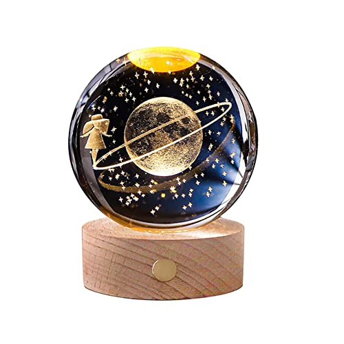 BYNYXI 3D Kristallkugel Nachtlicht, USB Touch Nachtlampe 3D Ball Lampe mit Holzsockel Weißes Licht Raum Weltraumspaziergang 8cm Sonnensystem Kristallkugel Nachttischlampe Geschenke für Kinder von BYNYXI