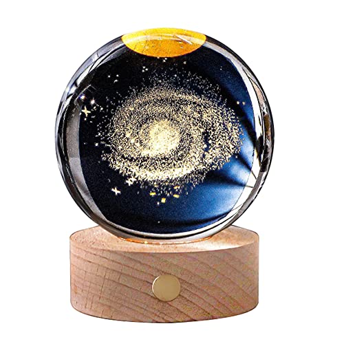 BYNYXI 3D Kristallkugel Nachtlicht, USB Touch Nachtlampe Ball Lampe mit Holzsockel Weißes Licht Raum Mond Erde Astronaut 8cm Sonnensystem Kristallkugel Nachttischlampe Geschenke für Kinder von BYNYXI