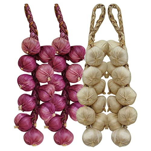 BYNYXI 4 Saiten Künstliche Knoblauch Gemüse Lebensmittel, 60cm Lebensechte Violett Knoblauch Schnüre Girlande Rebe Küchendeko für Zuhause, Küche, Bauernhof, Party, Wanddekoration von BYNYXI