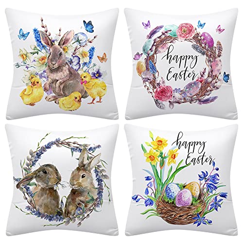 BYNYXI 4 Stück Ostern Kissenbezug 45x45cm, Osterhase Ei Blumen Kissenbezug Moderne Weich Willkommen Ostern Dekoration Kissenhülle Frühling Baumwolle Leinen Kissenbezüge für Wohnzimmer Schlafzimmer von BYNYXI