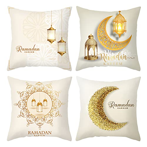 BYNYXI 4 Stück Ramadan Kissenbezug, 45cmx45cm Eid Mubarak Kissenbezug Eid Ramadan Wurfkissenbezüge Goldene Mond Stern Laterne Muster Kissenhülle Dekokissenbezüge Muslim Sofa Couch EID Kissenbezug von BYNYXI