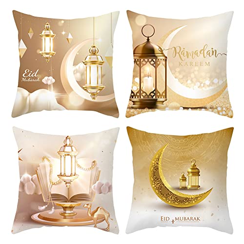 BYNYXI 4 Stück Ramadan Kissenbezug, 45cmx45cm Eid Mubarak Kissenbezug Eid Ramadan Wurfkissenbezüge Goldene Mond Stern Laterne Muster Kissenhülle Dekokissenbezüge Muslim Sofa Couch EID Kissenbezug von BYNYXI