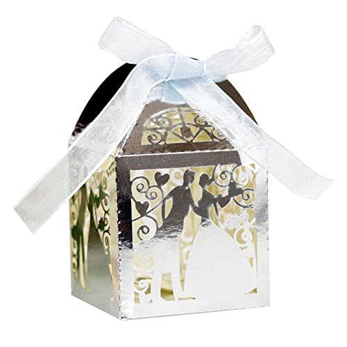 BYNYXI 50 Stück Hohle Hochzeit Candy Boxen, Gastgeschenk Schachtel Hochzeit Bonbon Box Taufe mit Band Braut und Bräutigam Pralinenschachtel Geschenkbox Süßigkeiten Box für Hochzeit Gastgeschenk von BYNYXI