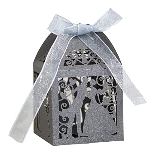 BYNYXI 50 Stück Hohle Hochzeit Candy Boxen, Gastgeschenk Schachtel Hochzeit Bonbon Box Taufe mit Band Braut und Bräutigam Pralinenschachtel Geschenkbox Süßigkeiten Box für Hochzeit Gastgeschenk von BYNYXI