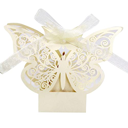 BYNYXI 50 Stück Schmetterling Süßigkeiten Box Hochzeit Candy Geschenkboxen Kleine Geschenkbox Gastgeschenk Schokolade Kästen Hochzeit Geschenkbox mit Schleife für Hochzeit Taufe Party Geburtstag von BYNYXI