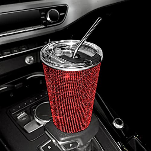 560ML Bling Edelstahl Thermobecher, Glitzer Auto Trinkbecher mit Strohhalm und Decekl Strass Kaffeebecher Kaffee to go Isolierbecher Auslaufsicherer Thermobecher für Kaffee und Tee Unterwegs von BYNYXI