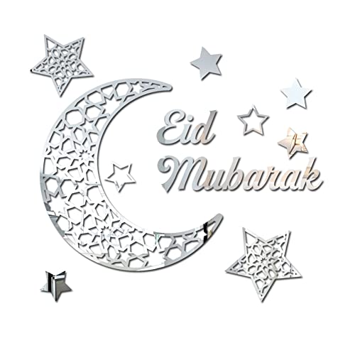 BYNYXI Eid Mubarak Aufkleber, 3D Acryl Spiegel Ramadan Mirror Wandaufkleber Stern Mond Buchstaben Selbstklebende Aufkleber Muslim Spiegel Ramadan Hintergrund für islamische Ramadan Deko,45cmx42cm von BYNYXI