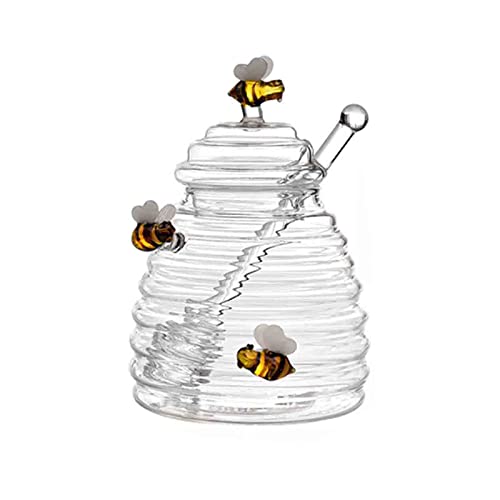 BYNYXI Glas Honigtopf, 260ML Honigglas mit honiglöffel und Deckel Honigbehälter Transparentes Honigglas Biene Honigdose Honigspender Borosilikatglas Honigtopf zum Servieren von Honig und Sirup von BYNYXI