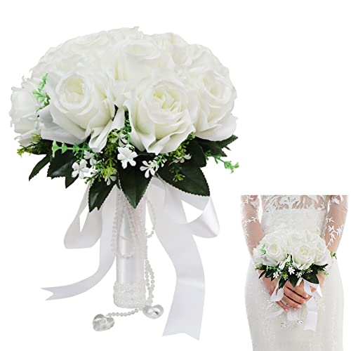 BYNYXI Hochzeit Blumenstrauß Weiss, Rose Brautstrauss and Handgelenk Blumenstrauß Koreanischen Stil weiß Hochzeitsstrauß Künstlich Wie Echt Blume Blumenstrauß für Fotoshooting Hochzeit-31cmx22cm von BYNYXI